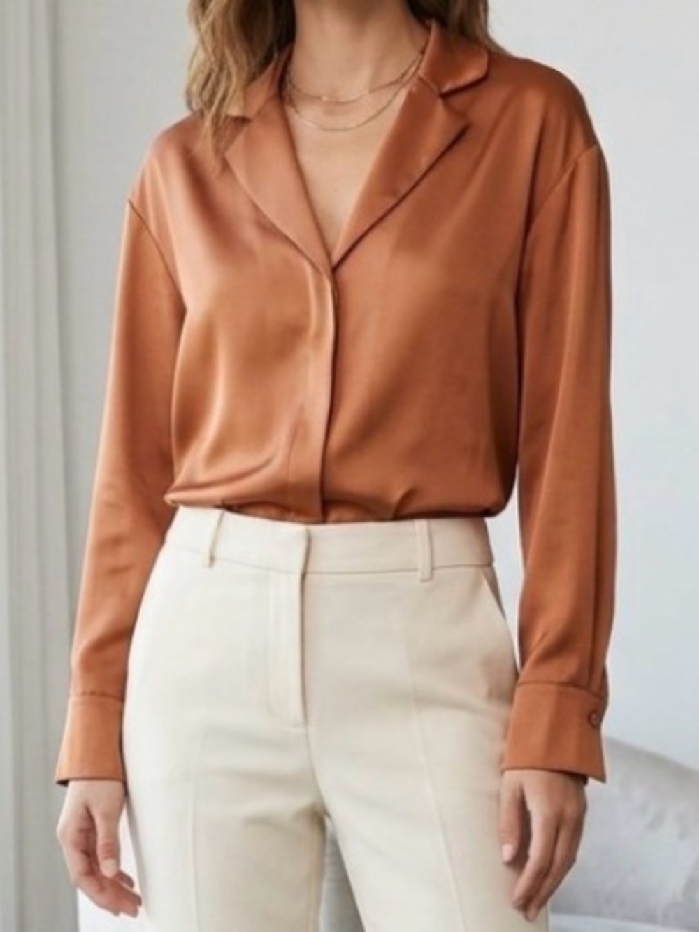 Rachel Zoe rust-colored satin long-sleeve blouse with a notched lapel collar